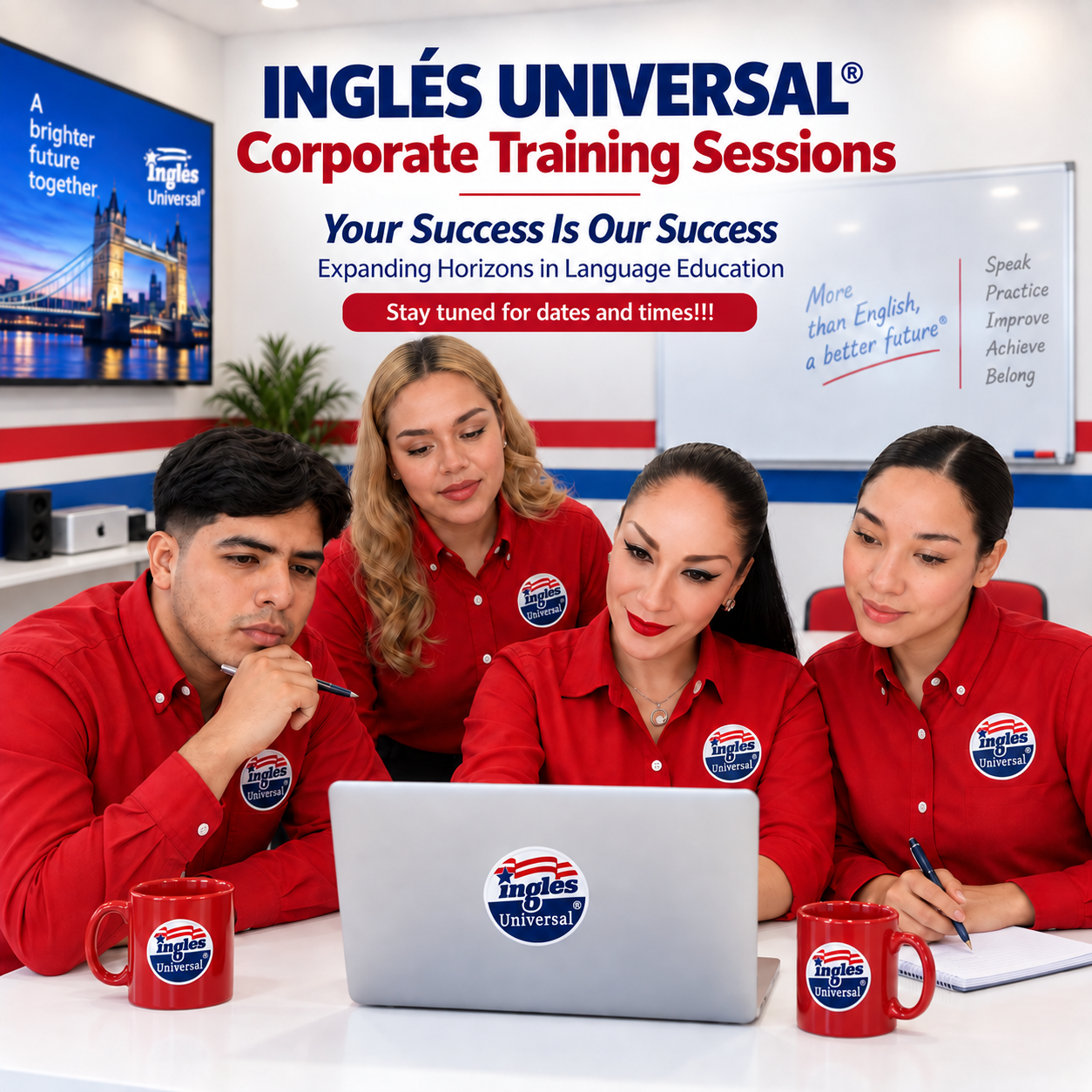 Imagen ilustrativa de un equipo de docentes con camisas rojas y el emblema de Inglés Universal